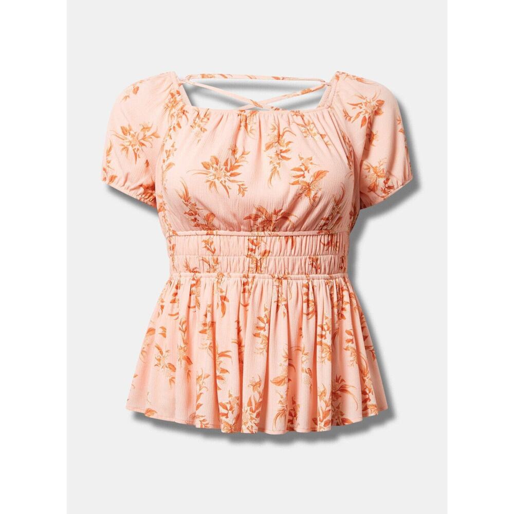 NWT Torrid Washable Crinkle Gauze Cris Cross Back Top Peach Floral Blouse 3 3X - Picture 6 of 7